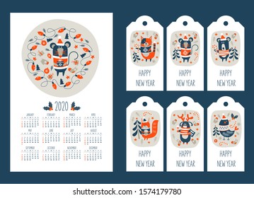 2020 calendar with the symbol of the year of the mouse. Set of tags with new year greetings and cute animals. Vector illustration.