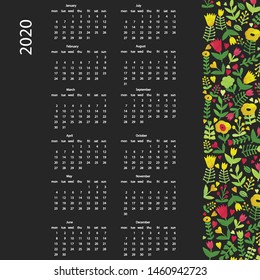 2020 Calendar template, 12 Months. Yearly bright floral , spring- summer planner stationery 