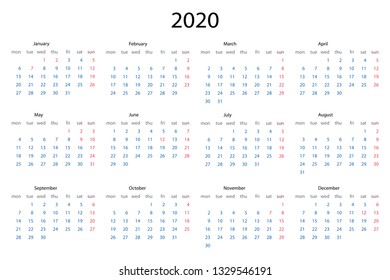 2020 Calendar Template 12 Monthsyearly Planner Stock Vector (Royalty ...