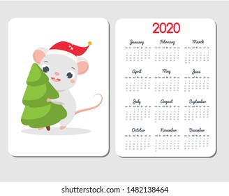 2020 calendar template with cartoon mouse. Chinese new year design with funny rat in red hat carry spruce tree