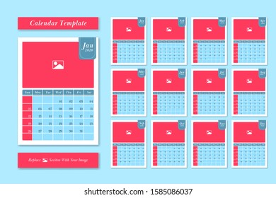 2020 calendar template design vector set in pastel cute color style
