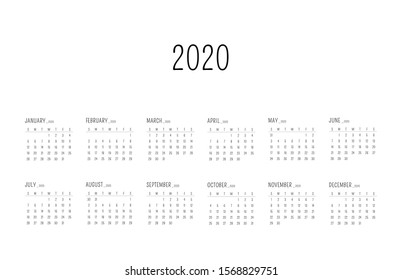 2020 Calendar Template, Horizontal Style Calendar Design, 2020 New Year Calendar Design, Planner Template