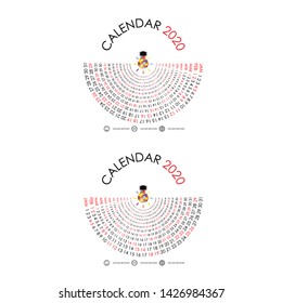 2020 Calendar Template with idea light bulb icon.Semicircle calendar.Calendar 2020 Set of 12 Months.Yearly calendar vector design stationery template.Happy New Year 2020 background.Vector illustration