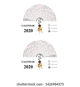 2020 Calendar Template with idea light bulb icon.Semicircle calendar.Calendar 2020 Set of 12 Months.Yearly calendar vector design stationery template.Happy New Year 2020 background.Vector illustration