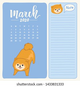 2020 Calendar template with little puppy  character : Vector Illustration
