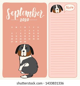 2020 Calendar template with little puppy  character : Vector Illustration