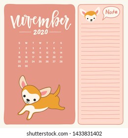 2020 Calendar template with little puppy  character : Vector Illustration