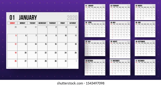 2020 calendar.  calendar template on white background. Editable vector file available. English and sunday to monday version.Set of 12 Months