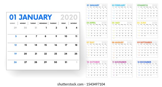 2020 calendar.  calendar template on white background. Editable vector file available. English and sunday to monday version.Set of 12 Months