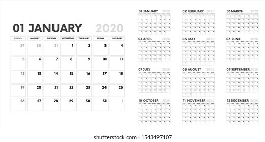 2020 calendar.  calendar template on white background. Editable vector file available. English and sunday to monday version.Set of 12 Months