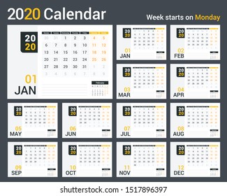 2020 Calendar template, planner, 12 pages, week starts on Monday, vector eps10 illustration