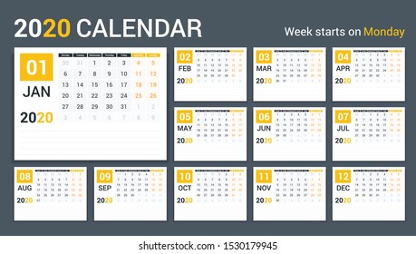 2020 Calendar template, planner, 12 pages, week starts on Monday, vector eps10 illustration