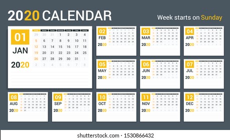 2020 Calendar template, planner, 12 pages, week starts on Sunday, vector eps10 illustration