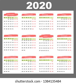 2020 calendar template planner vector design