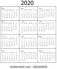 2020 calendar template printable. Starts Sunday