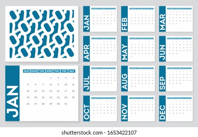 2020 Calendar template. Set of 12 months calendar design template.