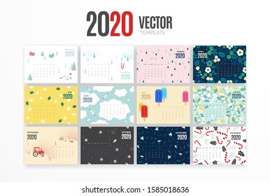 2020 calendar template. Vector colorful design with illustrations