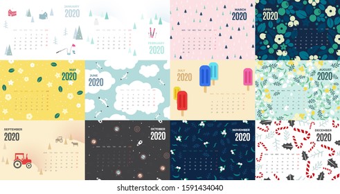 2020 calendar template. Vector colorful design with illustrations