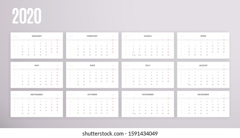 2020 Calendar template. Vector colorful design