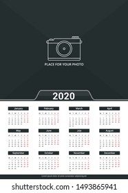 2020 Calendar template, week starts on Monday, a3 size, place for your photo, vector eps10 illustration