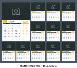 2020 Calendar template, week starts on Monday, a3 size, place for your photo, vector eps10 illustration