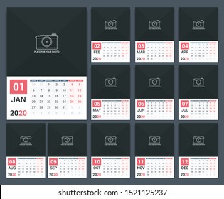 2020 Calendar template, week starts on Monday, a3 size, place for your photo, vector eps10 illustration