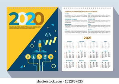 2020 Calendar Template_ Super Brain Food with Nutrition Facts : Vector Illustration