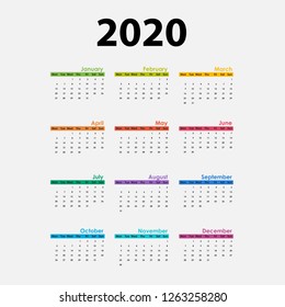 2020 Calendar Template.Calendar 2020 Set of 12 Months.Yearly calendar vector design stationery template.Vector illustration.