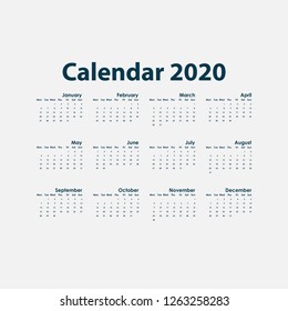 2020 Calendar Template.Calendar 2020 Set of 12 Months.Yearly calendar vector design stationery template.Vector illustration.
