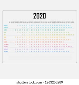 2020 Calendar Template.Calendar 2020 Set of 12 Months.Yearly calendar vector design stationery template.Vector illustration.
