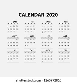 2020 Calendar Template.Calendar 2020 Set of 12 Months.Yearly calendar vector design stationery template.Vector illustration.
