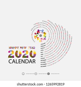 2020 Calendar Template.Calendar 2020 Set of 12 Months.Yearly calendar vector design stationery template.Vector illustration.
