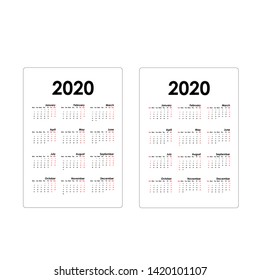 2020 Calendar Template.Calendar 2020 Set of 12 Months.Yearly calendar vector design stationery template.Vector illustration.
