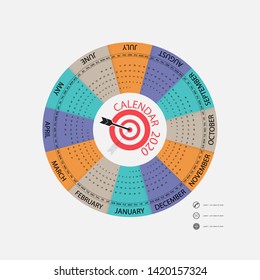 2020 Calendar Template.Circle calendar template.Calendar 2020 Set of 12 Months.Starts from Sunday.Yearly calendar vector design stationery template.Vector illustration.