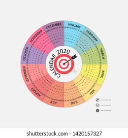 2020 Calendar Template.Circle calendar template.Calendar 2020 Set of 12 Months.Starts from Sunday.Yearly calendar vector design stationery template.Vector illustration.