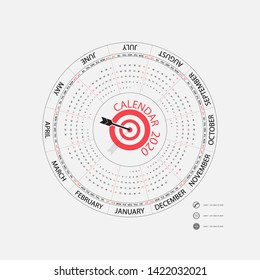 2020 Calendar Template.Circle calendar template.Calendar 2020 Set of 12 Months.Starts from Sunday.Yearly calendar vector design stationery template.Vector illustration.