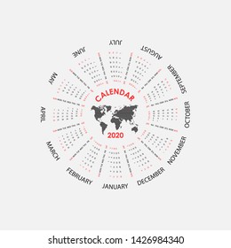 2020 Calendar Template.Circle calendar template.Calendar 2020 Set of 12 Months.Starts from Sunday.Yearly calendar vector design stationery template.Vector illustration.