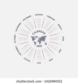 2020 Calendar Template.Circle calendar template.Calendar 2020 Set of 12 Months.Starts from Sunday.Yearly calendar vector design stationery template.Vector illustration.