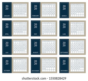 2020 calendar template.Week start on sunday.