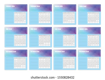 2020 calendar template.Week start on sunday.