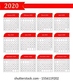 2020 calendar template.Week start on sunday.