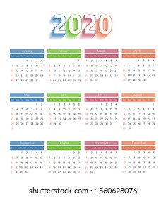 2020 calendar template.Week start on sunday.
