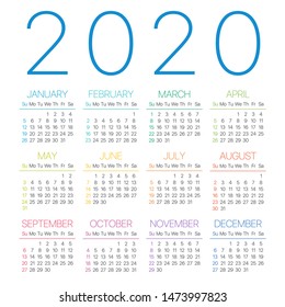 2020 Calendar - Thin Line Vector Template Graphic Illustration - Sunday to Monday
