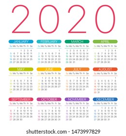 2020 Calendar - Thin Line Vector Template Graphic Illustration - Sunday to Monday