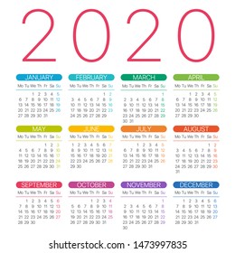 2020 Calendar - Thin Line Vector Template Graphic Illustration - Monday to Sunday