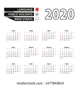 2020 calendar in Turkish language, week starts from Sunday. Vector Illustration.