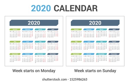 2020 Calendar, two versions - week starts on Monday, week starts on Sunday, vector eps10 illustration