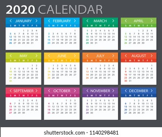 2020 Calendar - vector illustration. Template. Mock up. Week starts Sunday