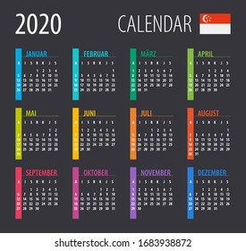 2020 Calendar - vector illustration. Template. Mock up. Singaporean version