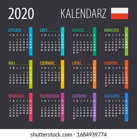 Calendario 2020 - ilustración vectorial. Plantilla. Menudo. Versión polaca